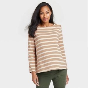 THE NINES BY HATCH Tan & White Horizontal Stripe Long Sleeve